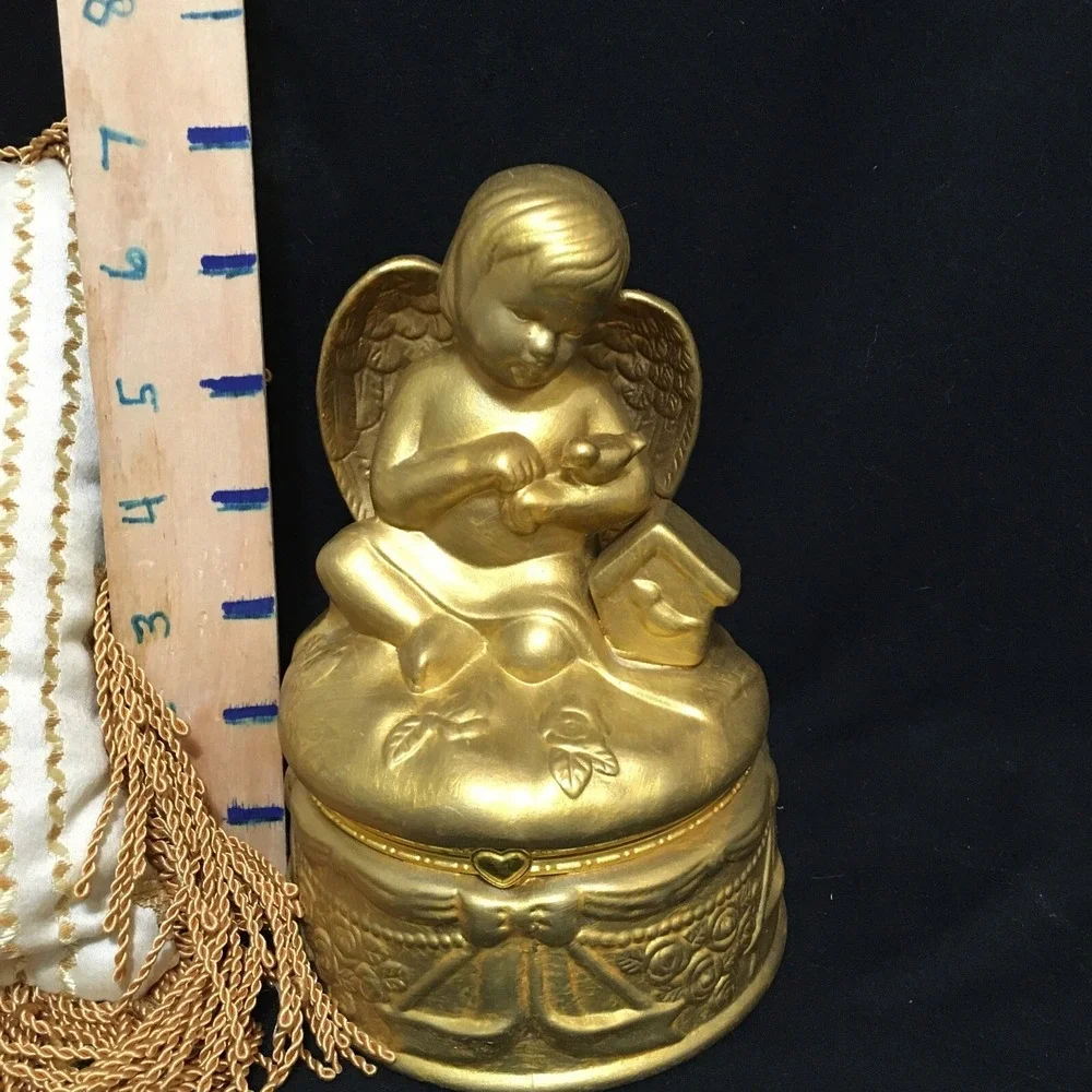 Vintage Gold Porcelain Cherub Hinged Trinket Box Large 7 Inches